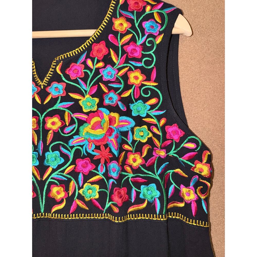 Black heavily embroidered floral resort dress short sleeveless boho beach XXL - Picture 4 of 5